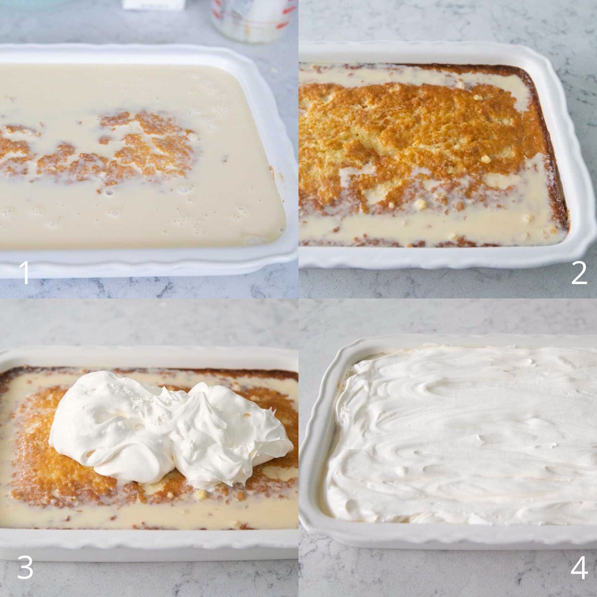 The step by step photos show how to pour the three milks sauce over the cake and how it soaks into the baked cake. The last photos show how to spread the whipped topping over the top.