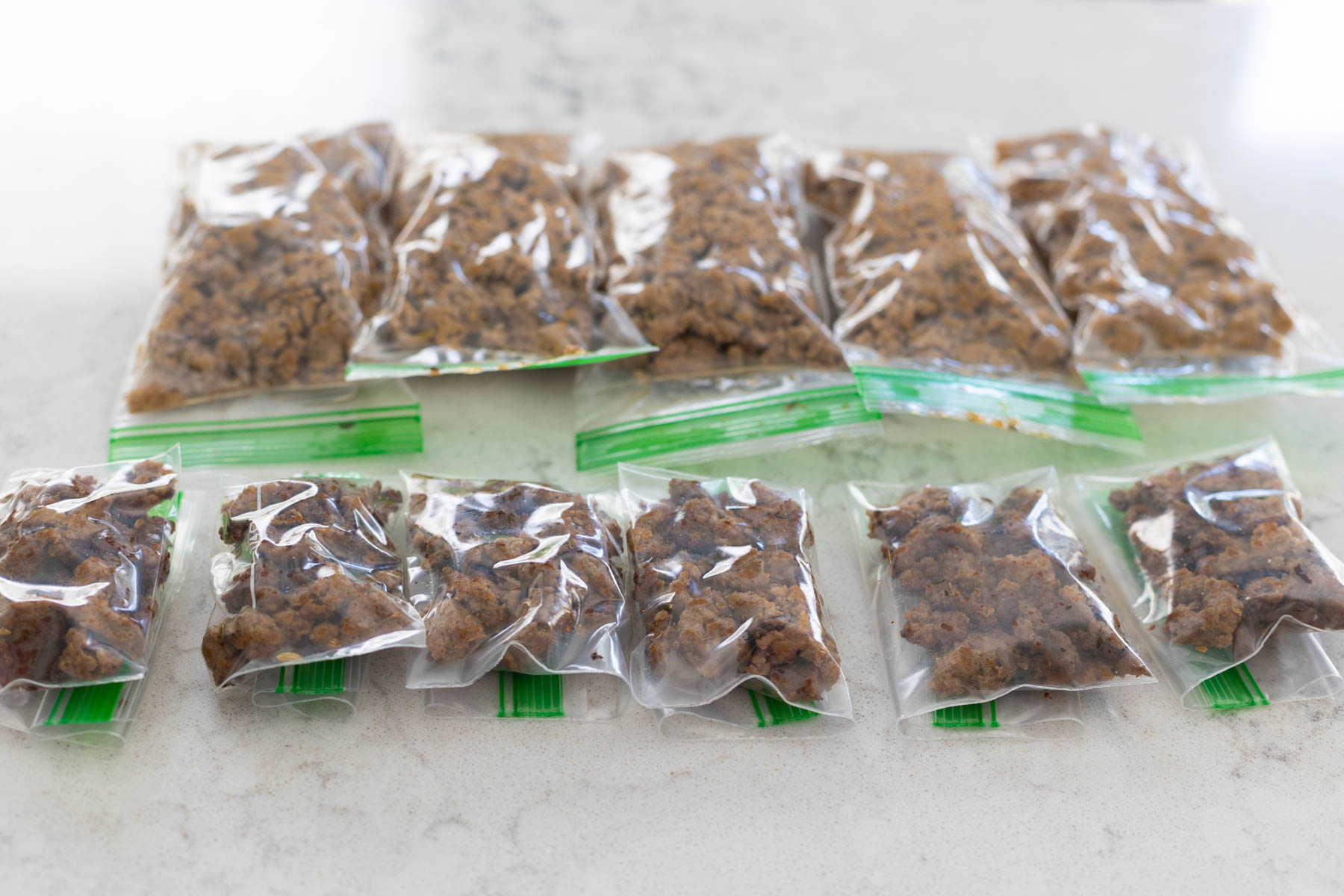 The turkey sausage crumbles have been divided into smaller serving bags for the freezer.