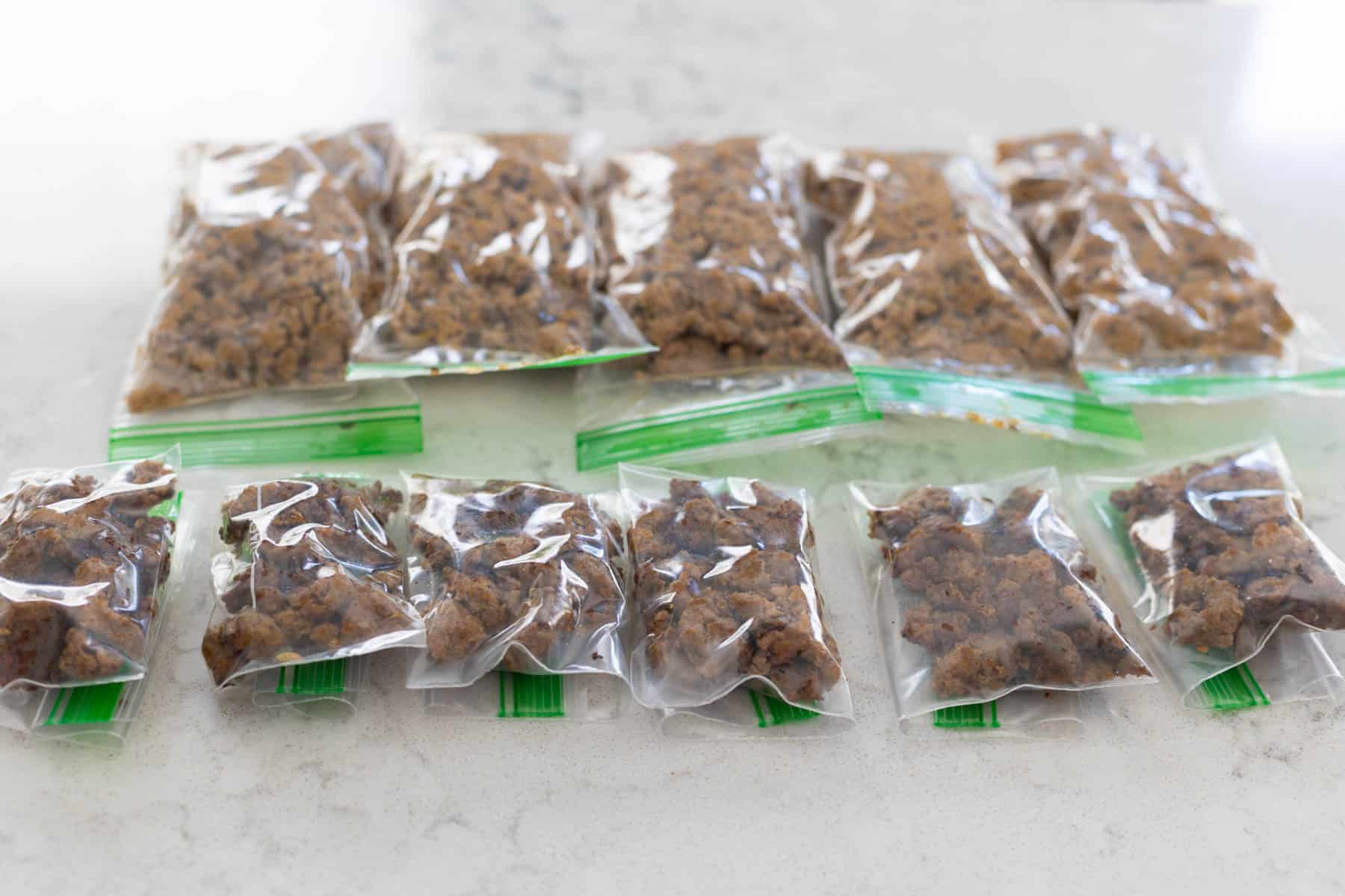 The turkey sausage crumbles have been divided into smaller serving bags for the freezer.