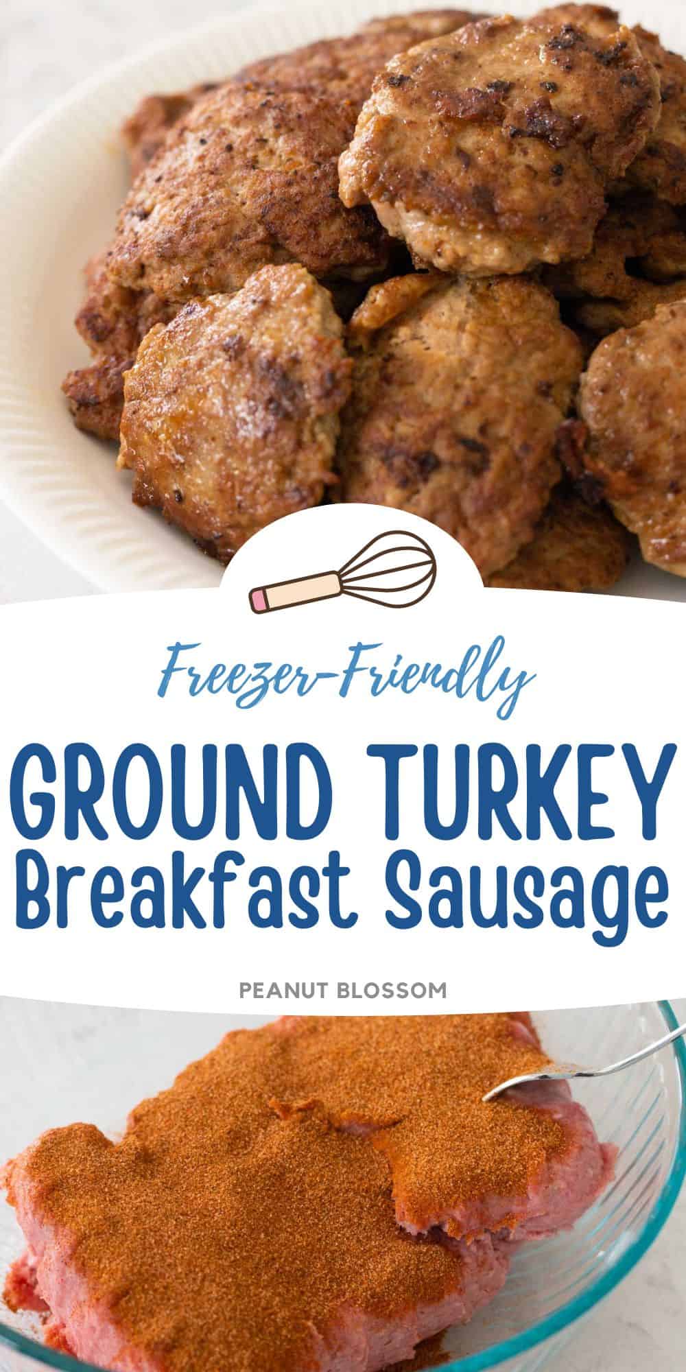 The photo collage shows the plate of grilled turkey breakfast sausage patties next to the photo of a mixing bowl with the turkey and seasonings ready to be mixed.