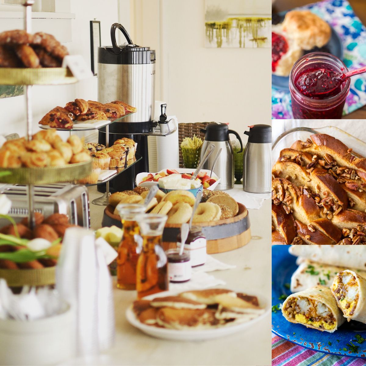 The photo collage shows a breakfast buffet set up on a table next to three photos of breakfast recipes included on the list.