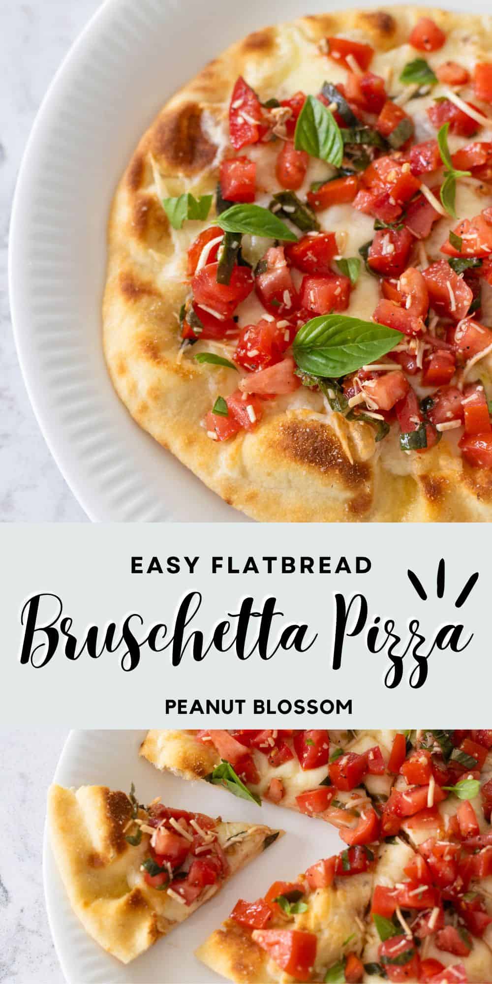 The photo collage shows the full bruschetta pizza on top next to a photo of one where a slice is being pulled away from the pizza.