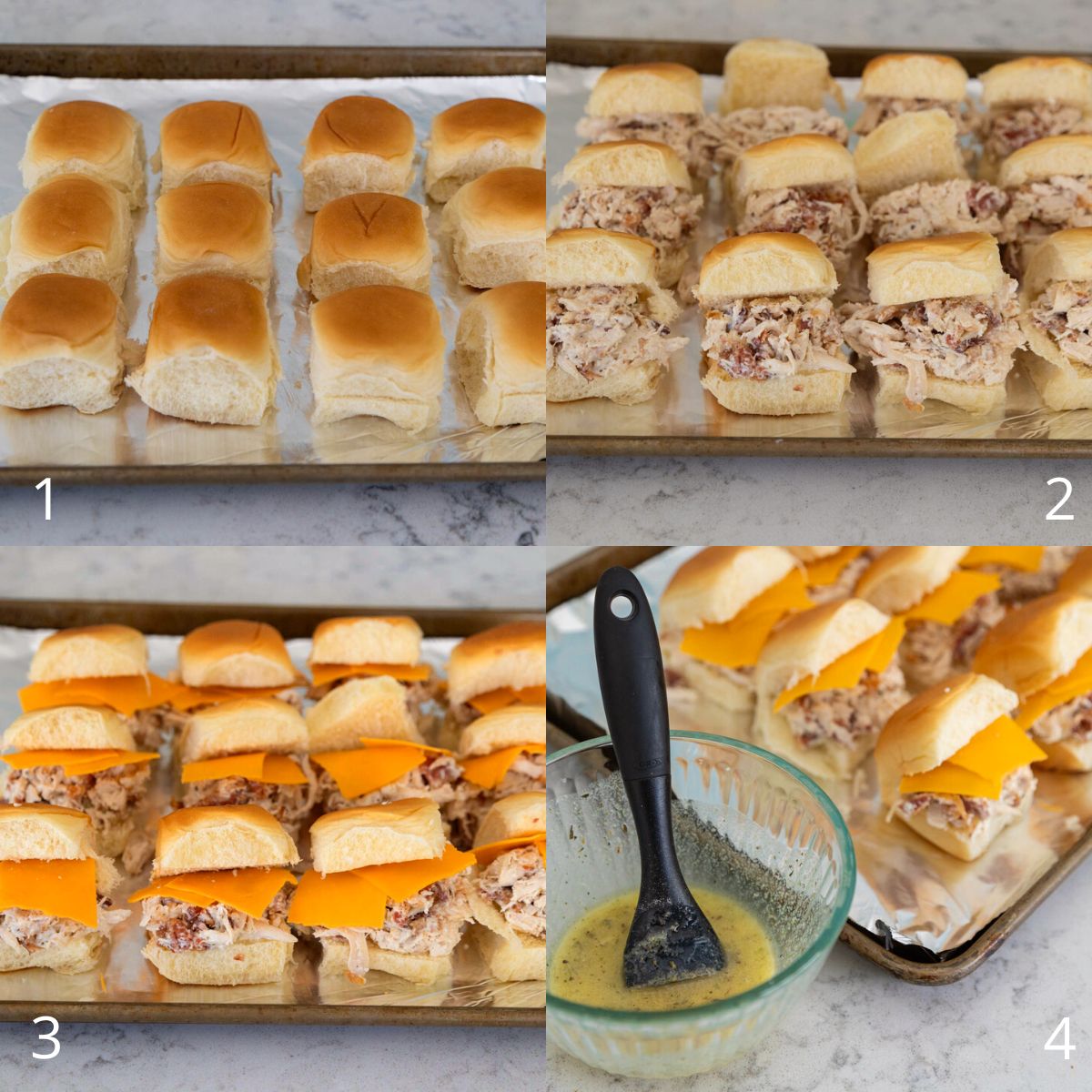 The step by step photo collage shows 4 steps to assemble the sliders for baking.