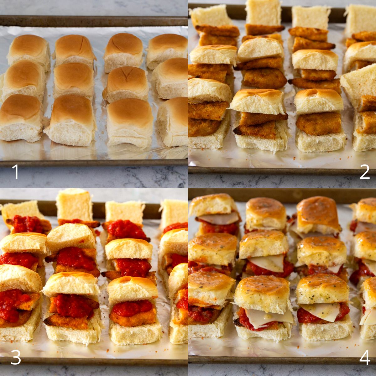 The step by step photo collage shows how to assemble the chicken parm sliders for baking.