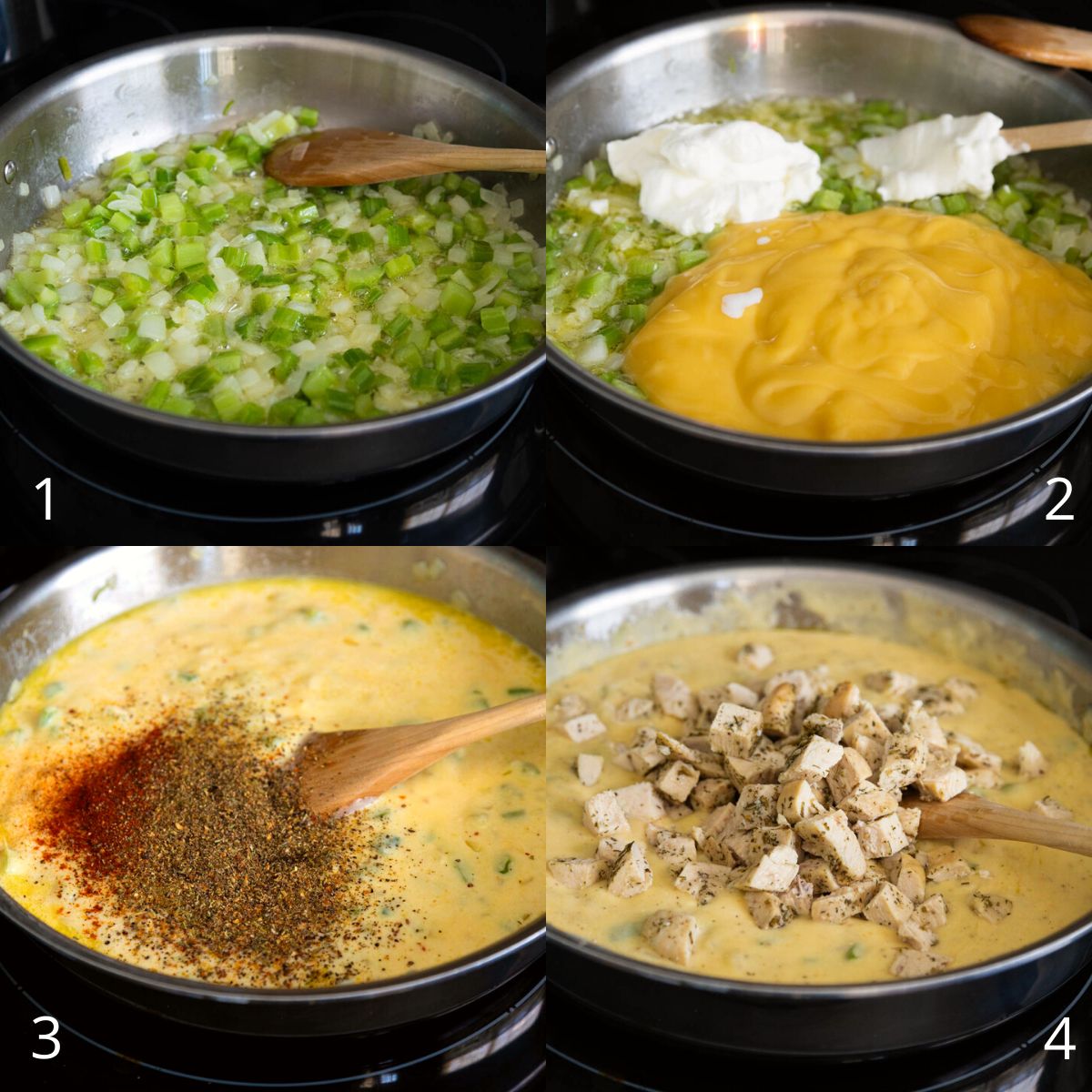 The step by step photos show how to make the creamy chicken filling for the casserole.