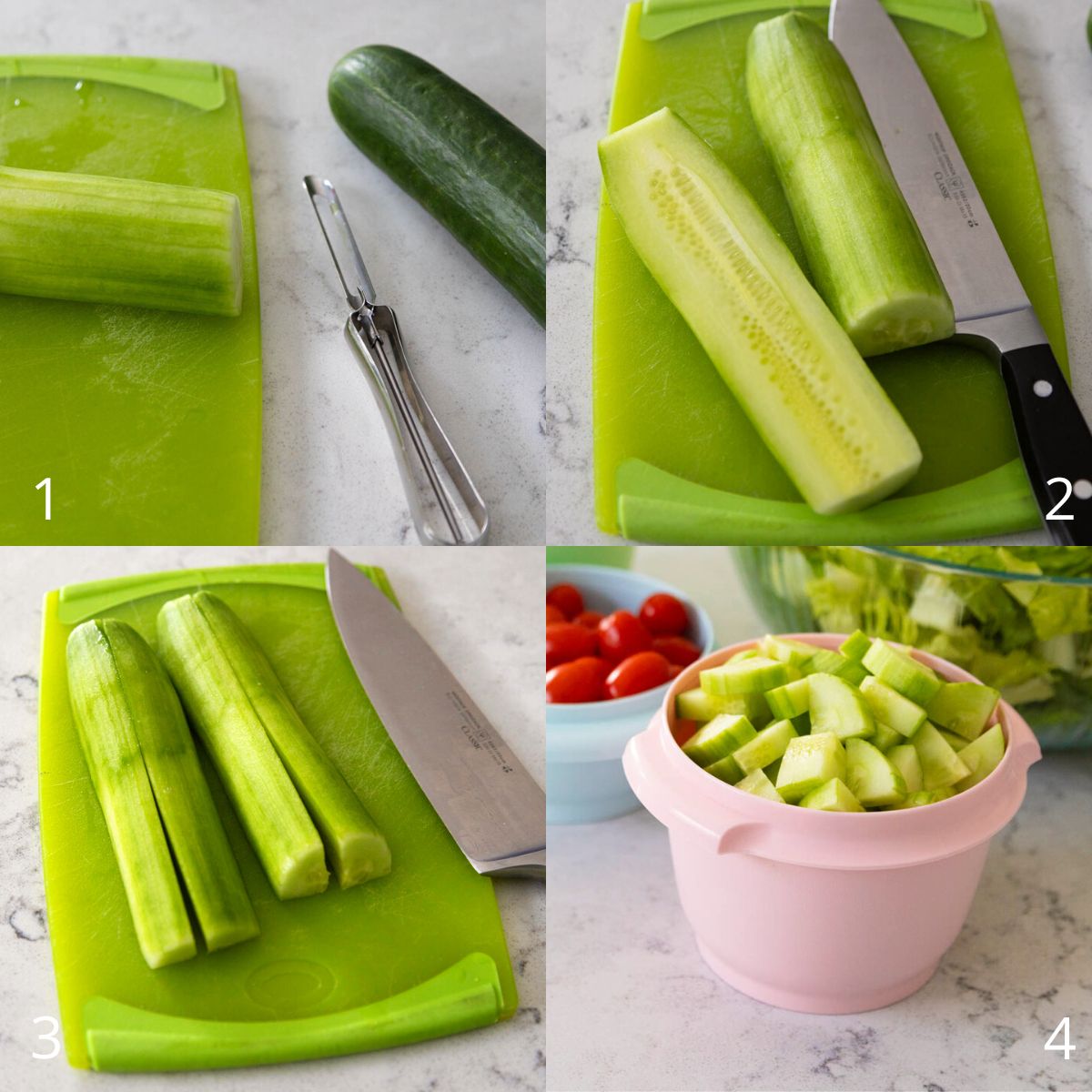 The step by step photos show how to peel, slice and chop a fresh cucumber into chunks for a salad.