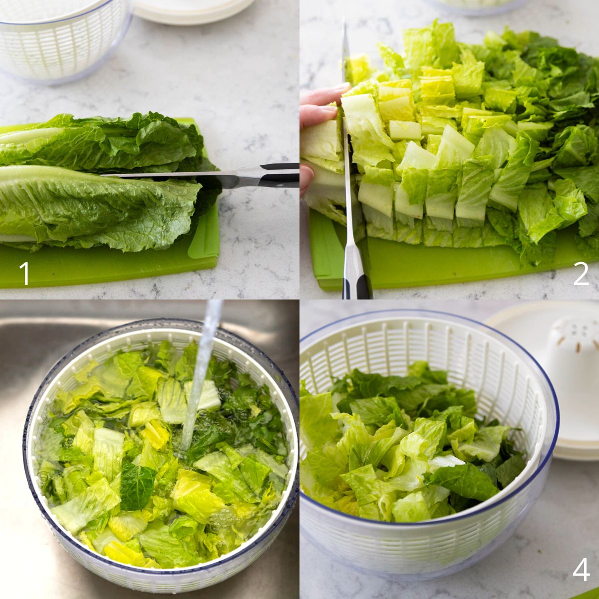 The step by step photos show how to chop fresh romaine and wash it for a garden salad.