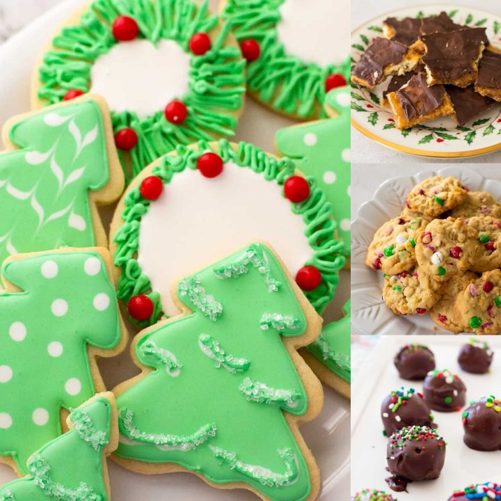 The photo collage shows several Christmas cookies including sugar cookie cut outs next to M&M cookies and oreo truffles.