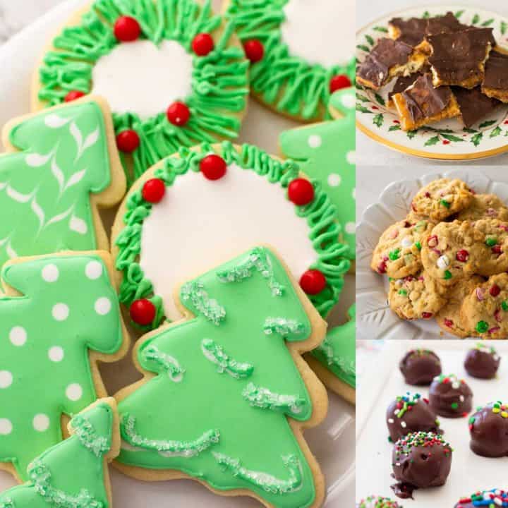 The photo collage shows several Christmas cookies including sugar cookie cut outs next to M&M cookies and oreo truffles.