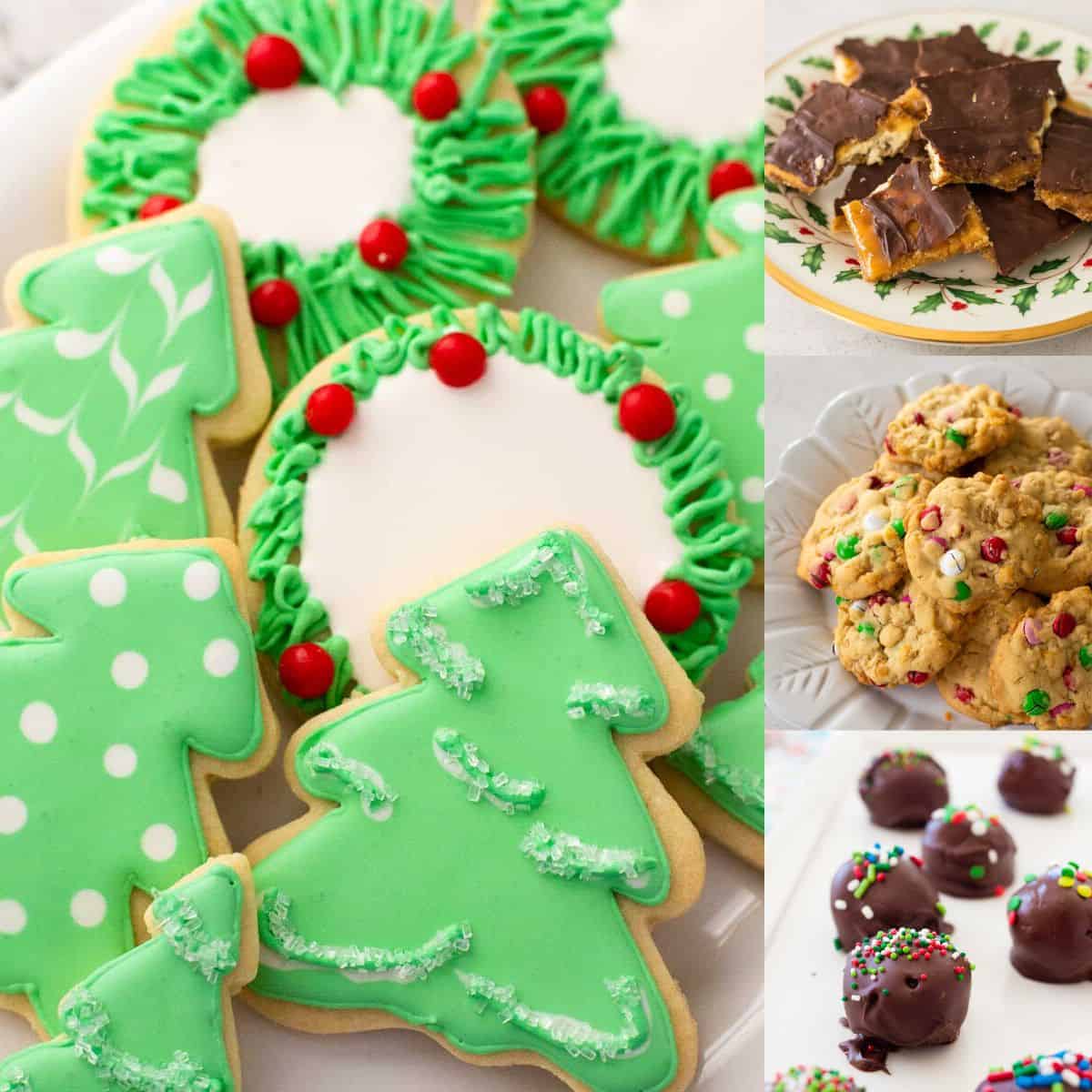 The photo collage shows several Christmas cookies including sugar cookie cut outs next to M&M cookies and oreo truffles.