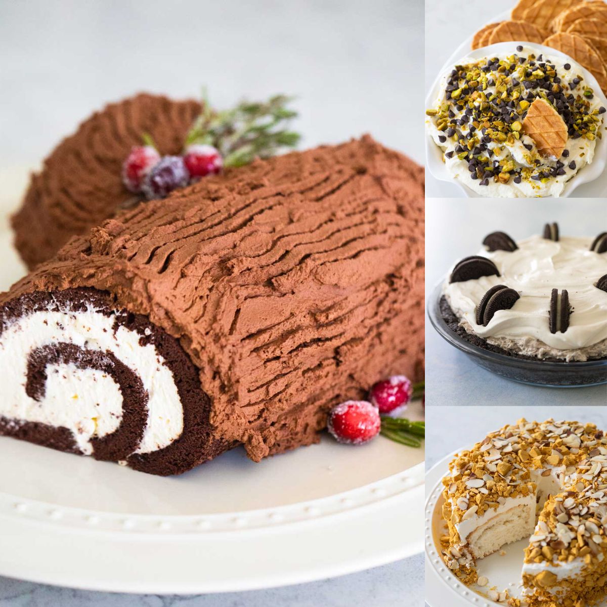 The photo collage shows a yule log, cannoli dip, oreo pie, and an almond crunch cake that are great Christmas desserts.