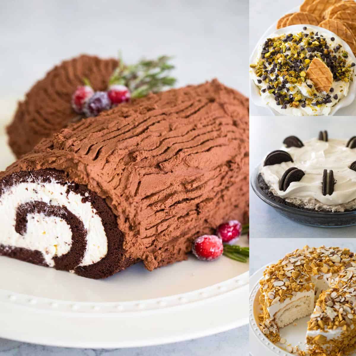 The photo collage shows a yule log, cannoli dip, oreo pie, and an almond crunch cake that are great Christmas desserts.