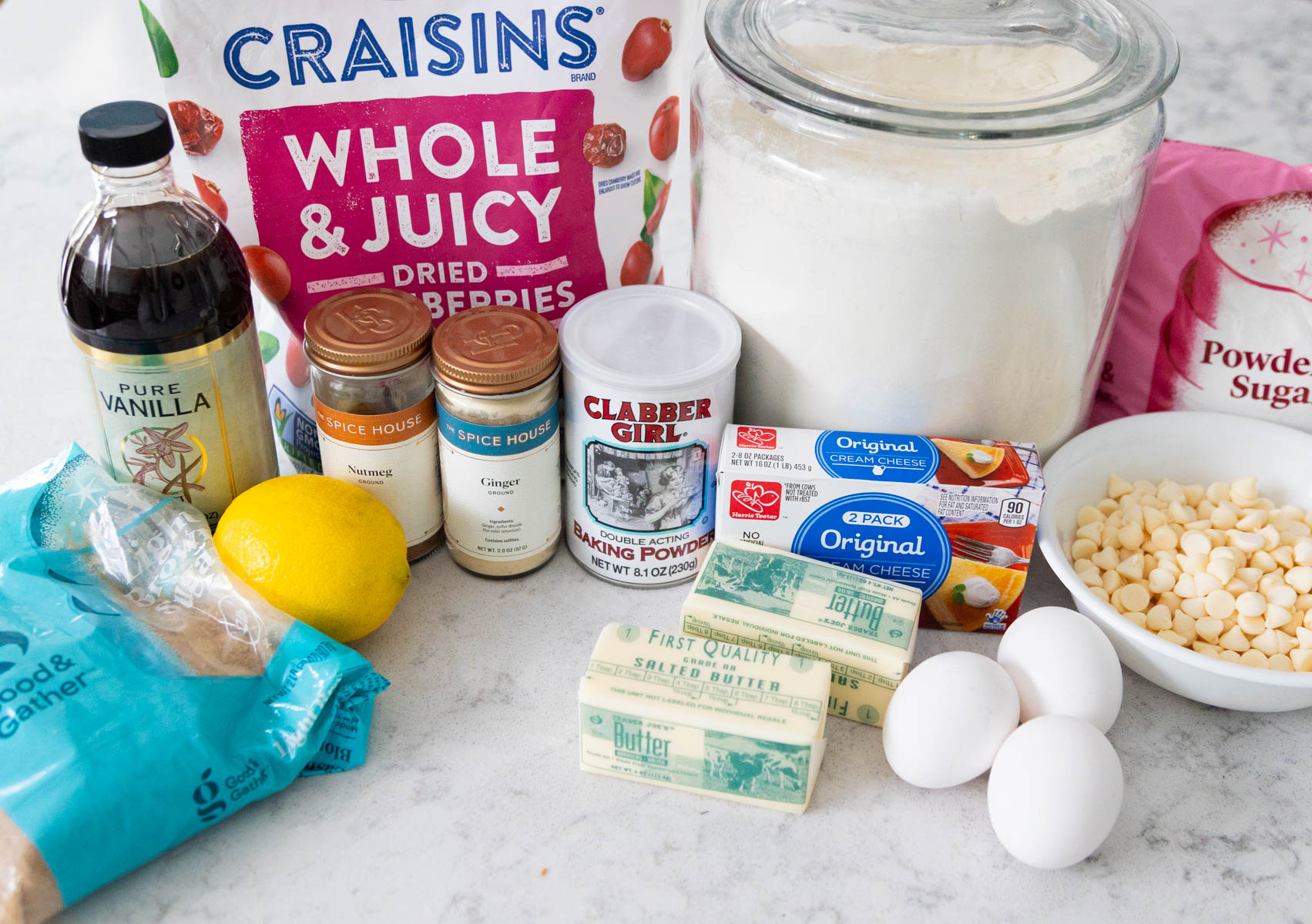 The ingredients to make cranberry bliss bars are on the counter.