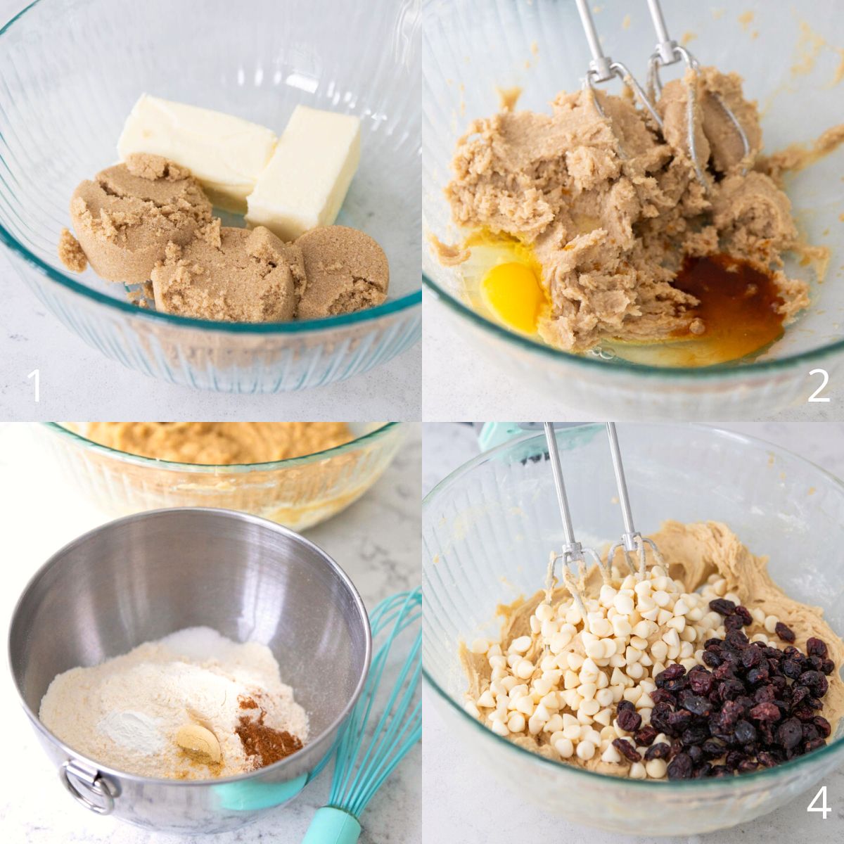 The step by step photos show how to prepare the cookie dough base for the cranberry bars.