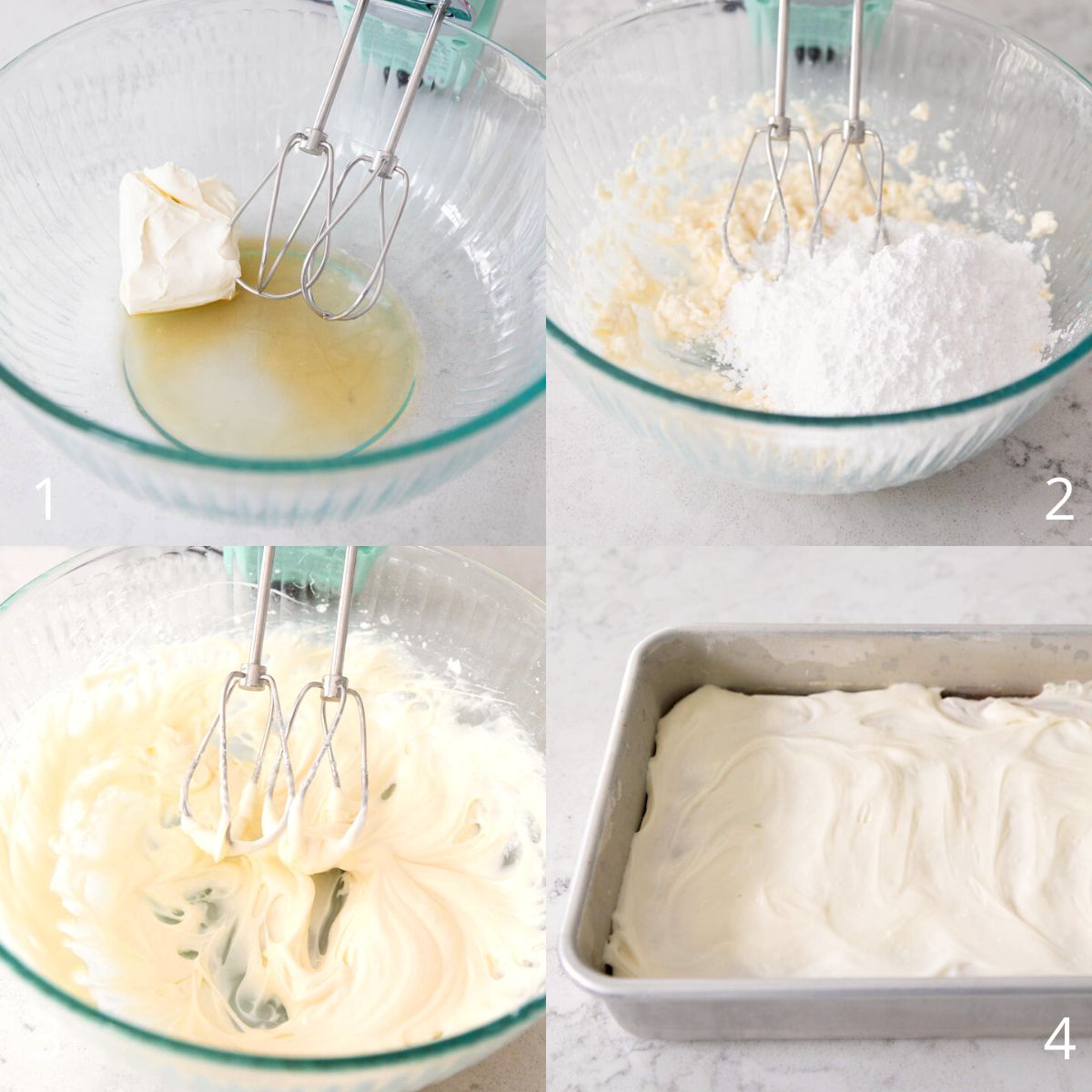 The step by step photos show how to make the vanilla icing that frosts the cookie bars.
