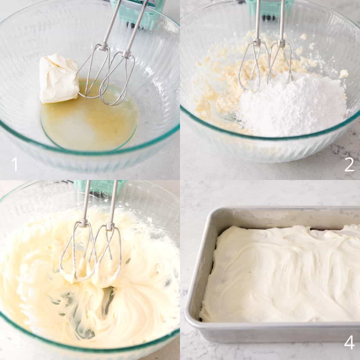 The step by step photos show how to make the vanilla icing that frosts the cookie bars.