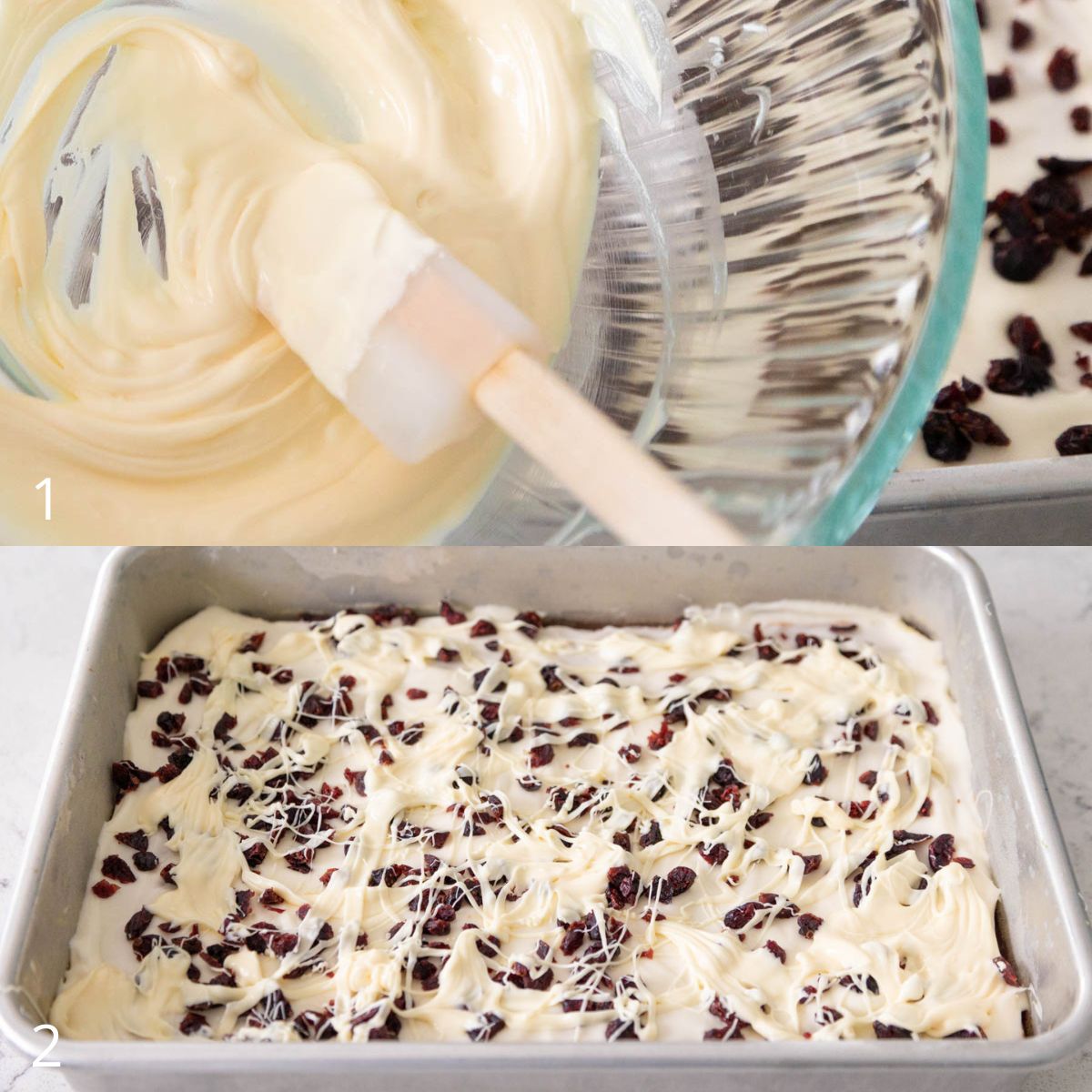 The photo collage shows a picture of the melted chocolate in a mixing bowl next to the pan of cranberry bliss bars drizzled with the white chocolate over the top.