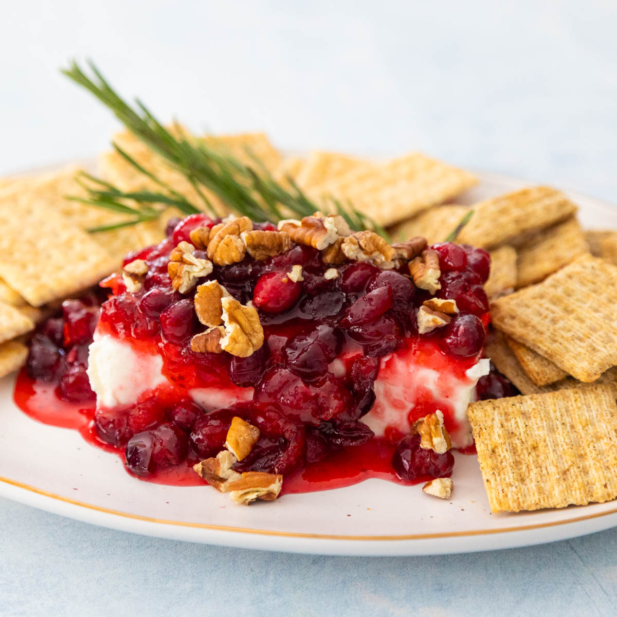 The cream cheese is on a platter with crackers. The cranberry sauce has been spooned over the top. Pecans have been sprinkled over.