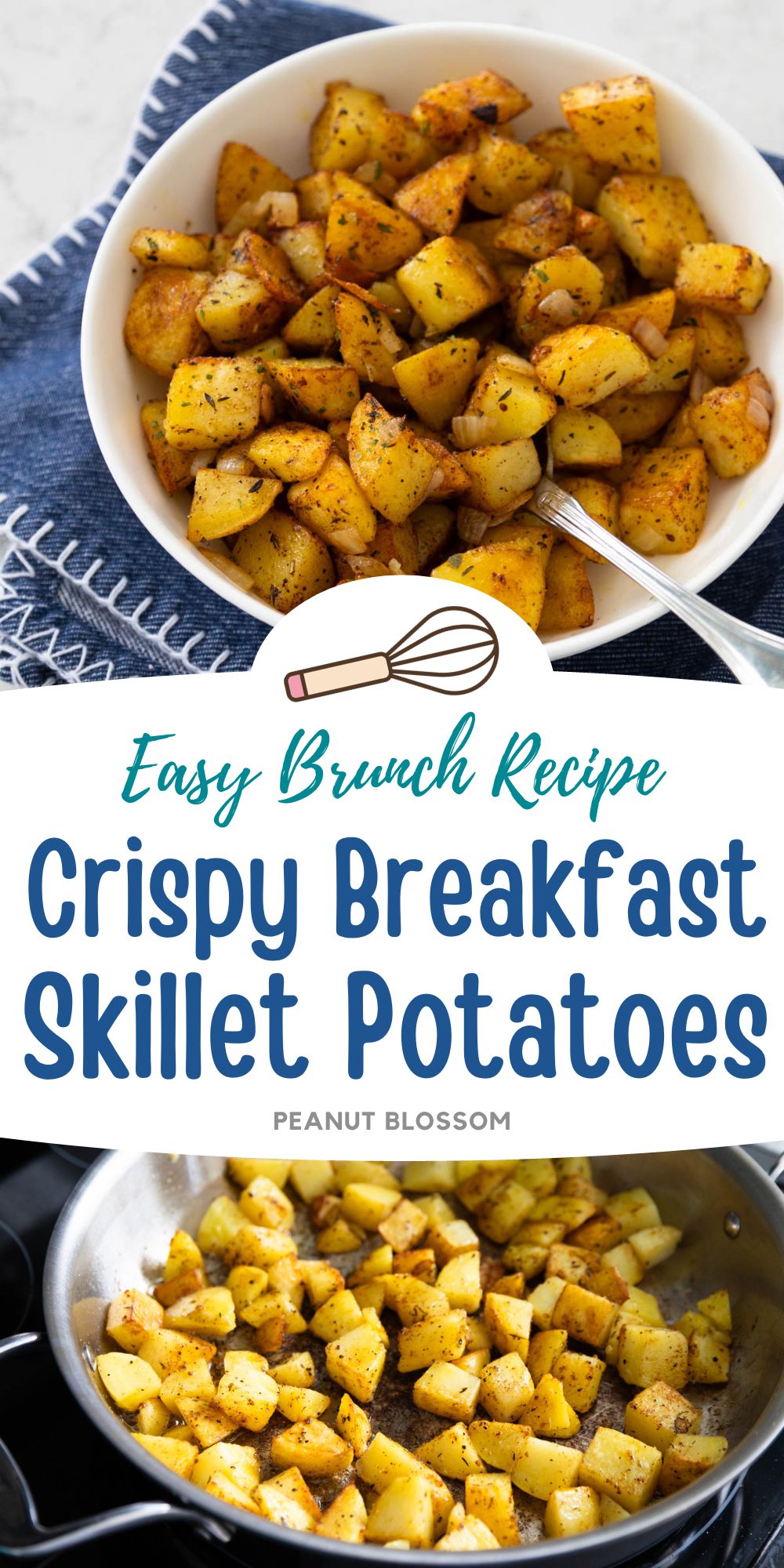 The photo collage shows the crispy breakfast potatoes in a serving bowl with a spoon next to a photo of them being browned in a stovetop skillet.