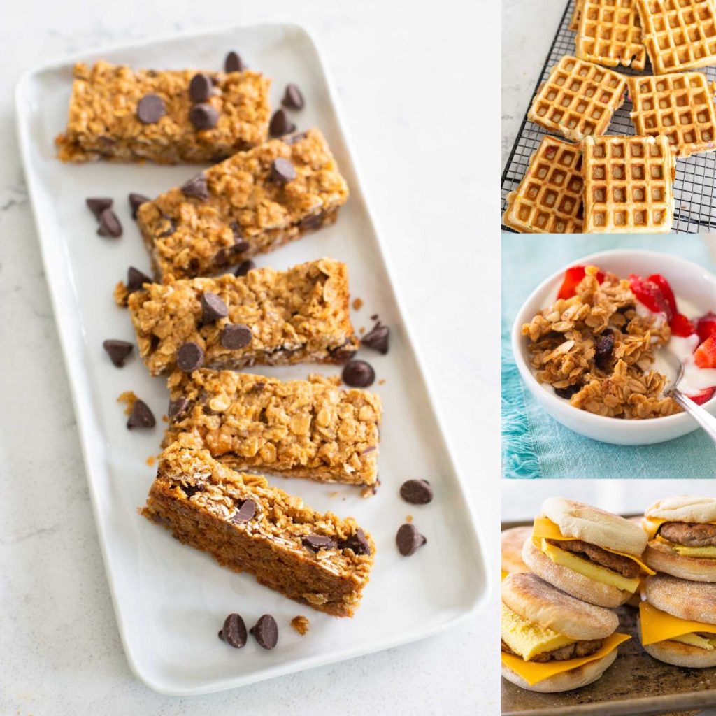 The photo collage shows 4 easy breakfast ideas for kids including granola bars, waffles, yogurt parfait, and breakfast sandwiches.