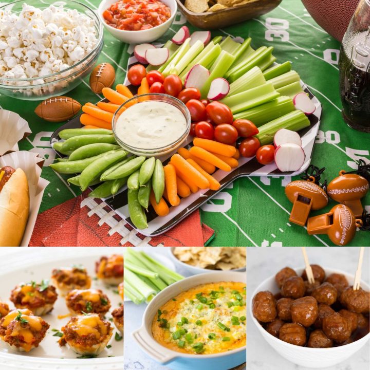The photo collage shows several easy football party appetizers like raw veggies and dip, taco bites, buffalo chicken dip, and a bowl filled with meatballs and cocktail picks.