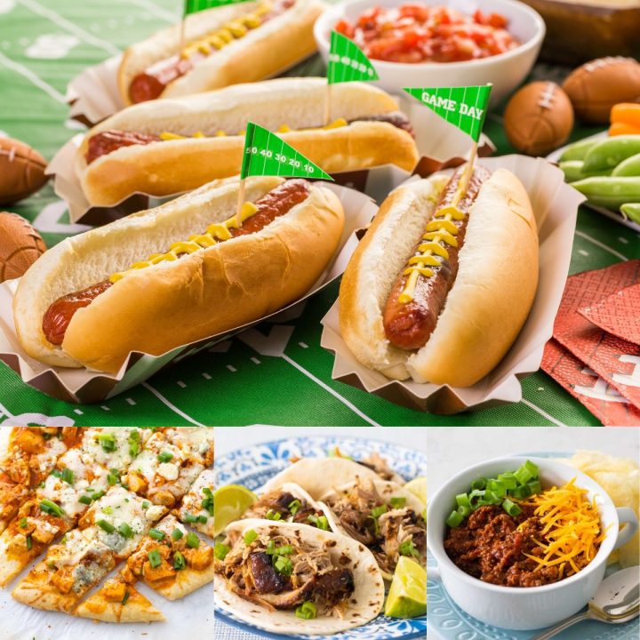 The photo collage shows several easy football party food ideas like hot dogs, pizza, tacos, and chili