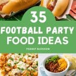 The photo collage shows a football party table filled with hot dogs decorated with pennant flags next to photos of buffalo chicken pizza, chili bowls, an Italian beef sandwich, and pork carnitas tacos.