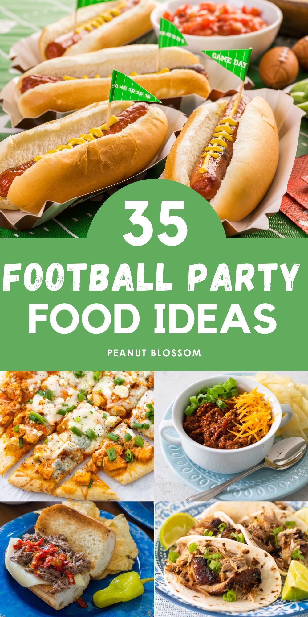 The photo collage shows a football party table filled with hot dogs decorated with pennant flags next to photos of buffalo chicken pizza, chili bowls, an Italian beef sandwich, and pork carnitas tacos.