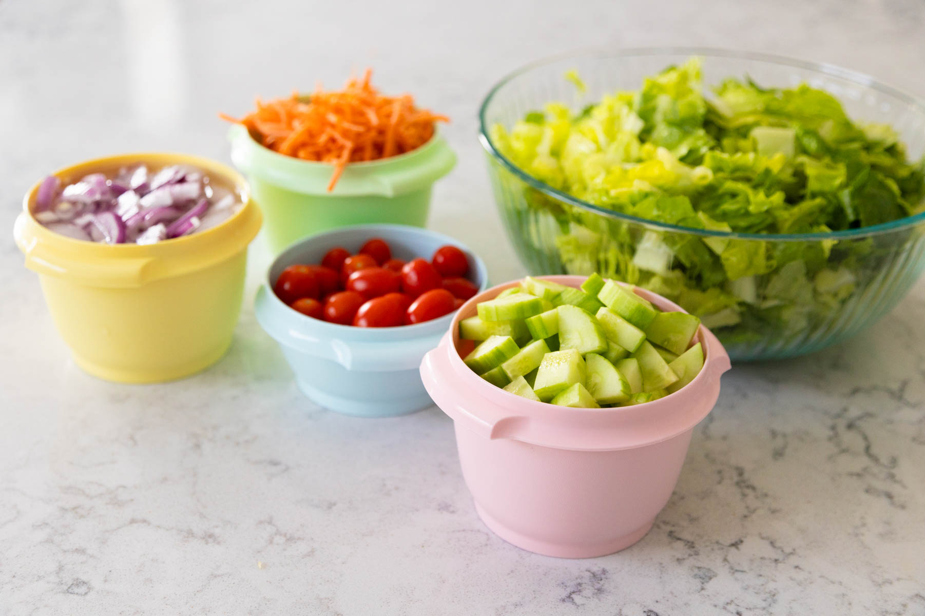 The ingredients to make a fresh garden salad are served salad bar style on the kitchen counter so everyone can build their own salad.