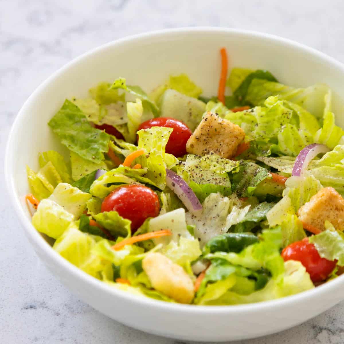 A bowl of garden salad with tomatoes.