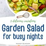 The photo collage shows the finished garden salad in a white bowl next to the picture of a family salad bar on the kitchen counter.