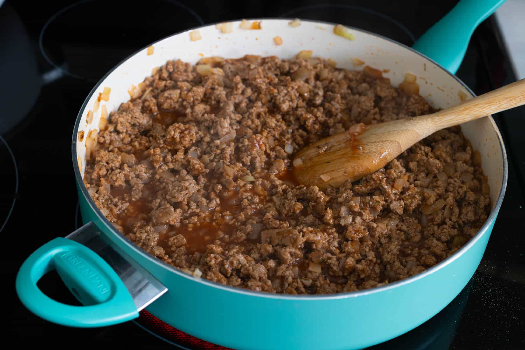 The saucy ground turkey is in the skillet waiting to be turned into sandwiches.