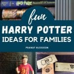 The photo collage shows a stack of Harry Potter books next to 4 photos of Harry Potter activities for families.