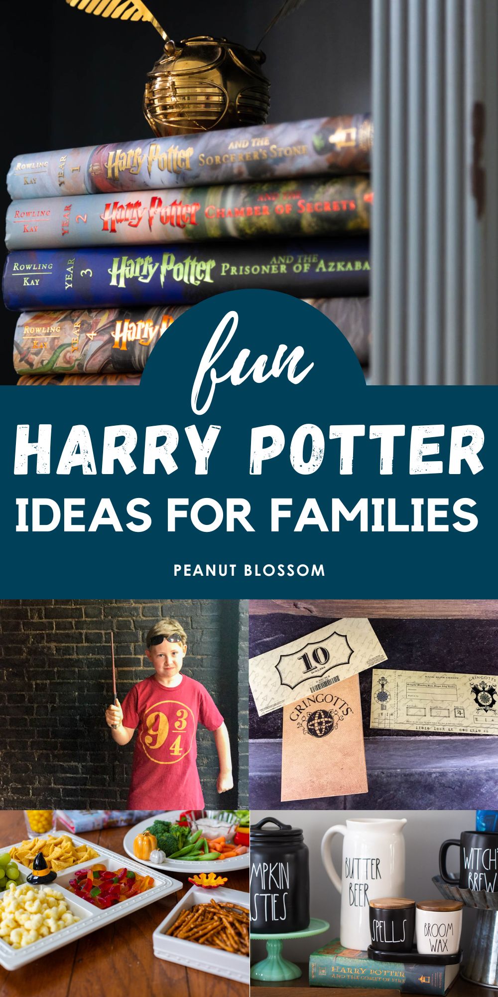 The photo collage shows a stack of Harry Potter books next to 4 photos of Harry Potter activities for families.