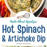The photo collage shows the baked spinach and artichoke dip on top and the mixing bowl filled with the dip below.
