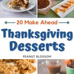 The photo collage shows 4 travel friendly make ahead Thanksgiving desserts including apple cake, pumpkin and pecan pies, apple crisp bars, and a vanilla cheesecake with apple toppings.