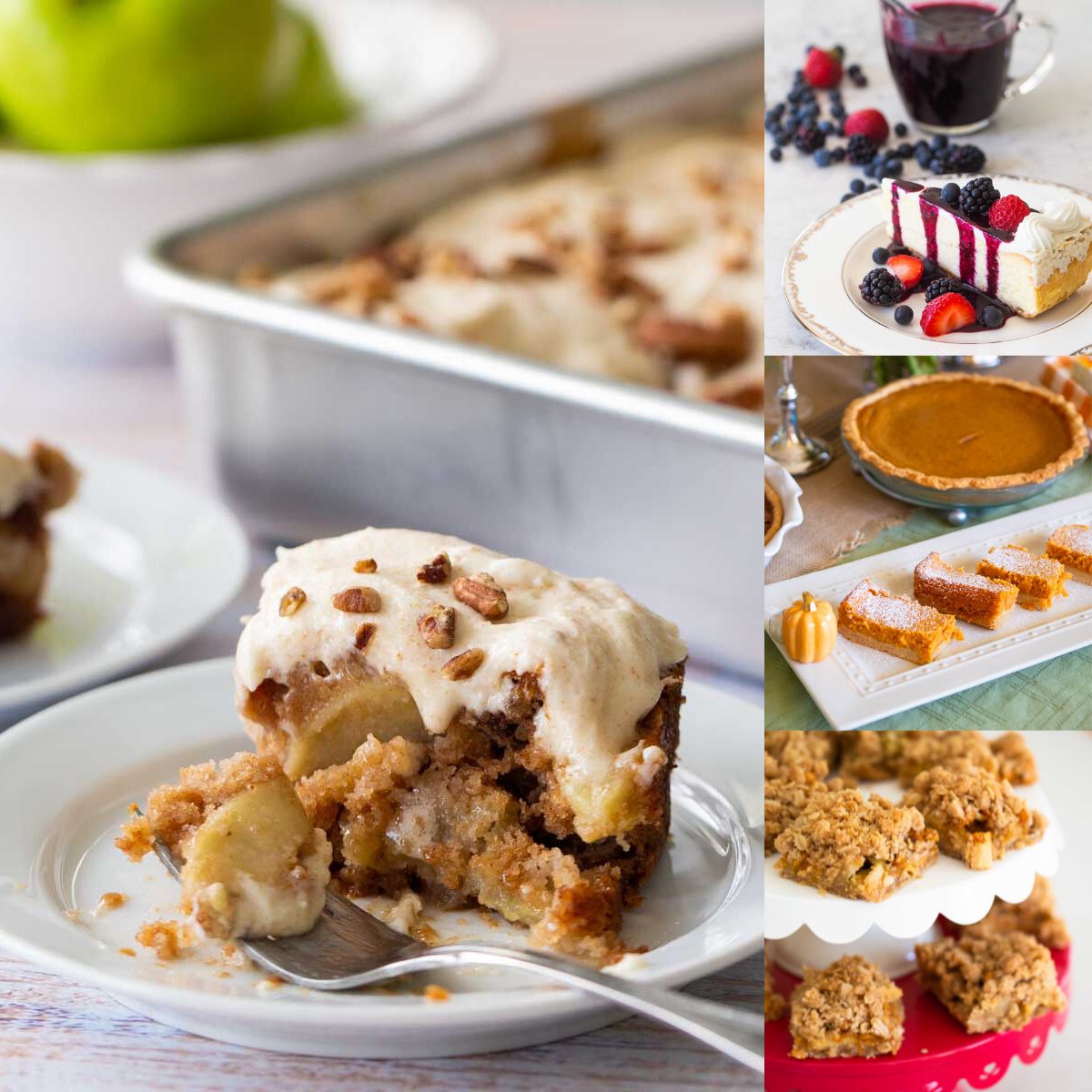 The photo collage shows several make ahead Thanksgiving desserts that travel well including a 9x13-in cake in a pan and easy dessert bars.
