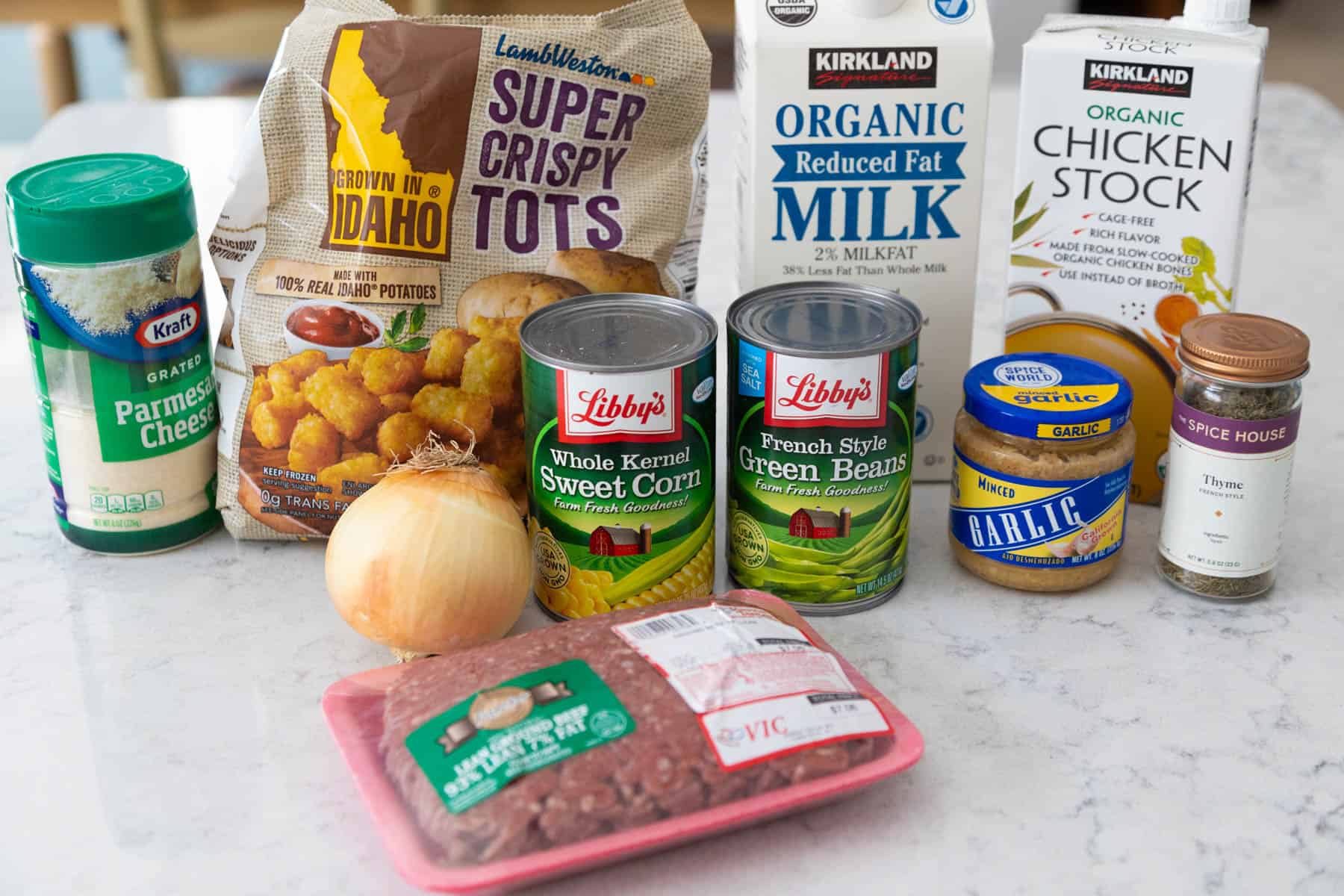 The ingredients to make the hamburger tater tot casserole are on the counter.