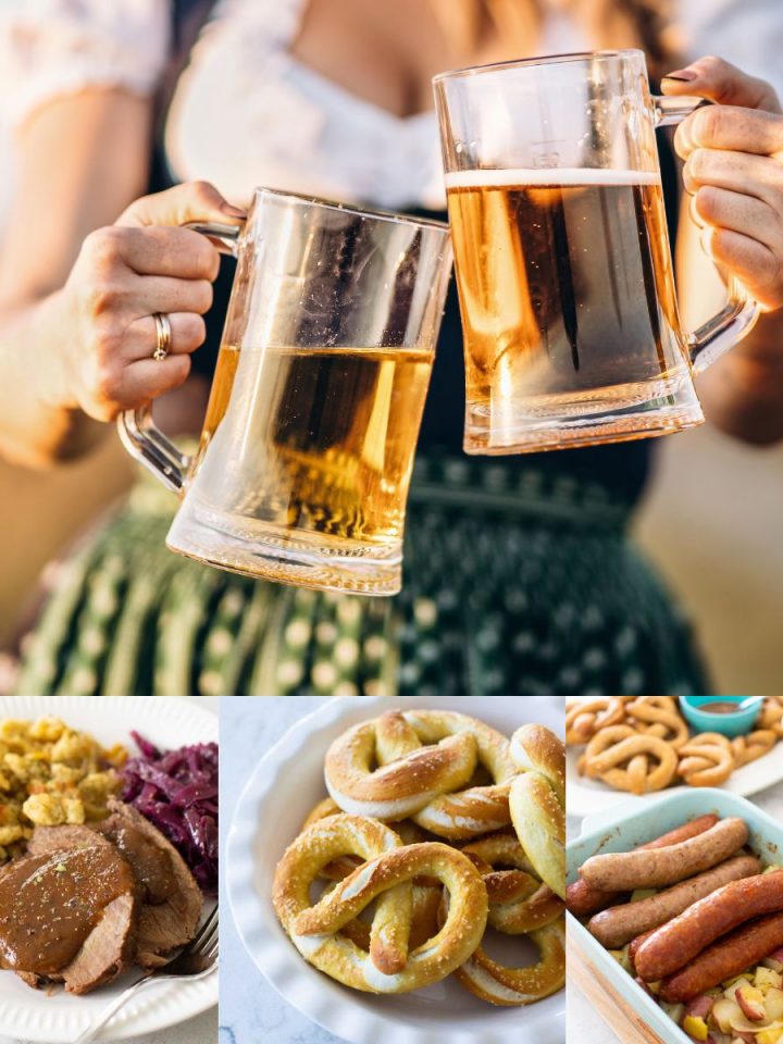 A German woman in traditional dress holds two steins of beer next to 3 photos of traditional German foods including sauerbraten, pretzels, and roasted sausages.