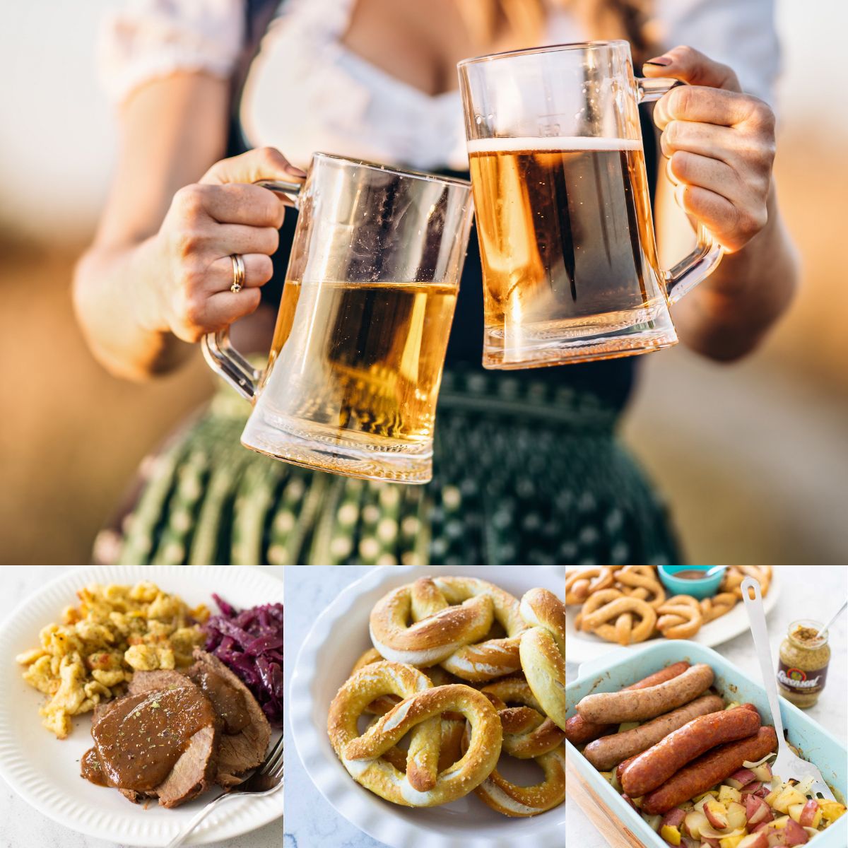 A German woman in traditional dress holds two steins of beer next to 3 photos of traditional German foods including sauerbraten, pretzels, and roasted sausages.