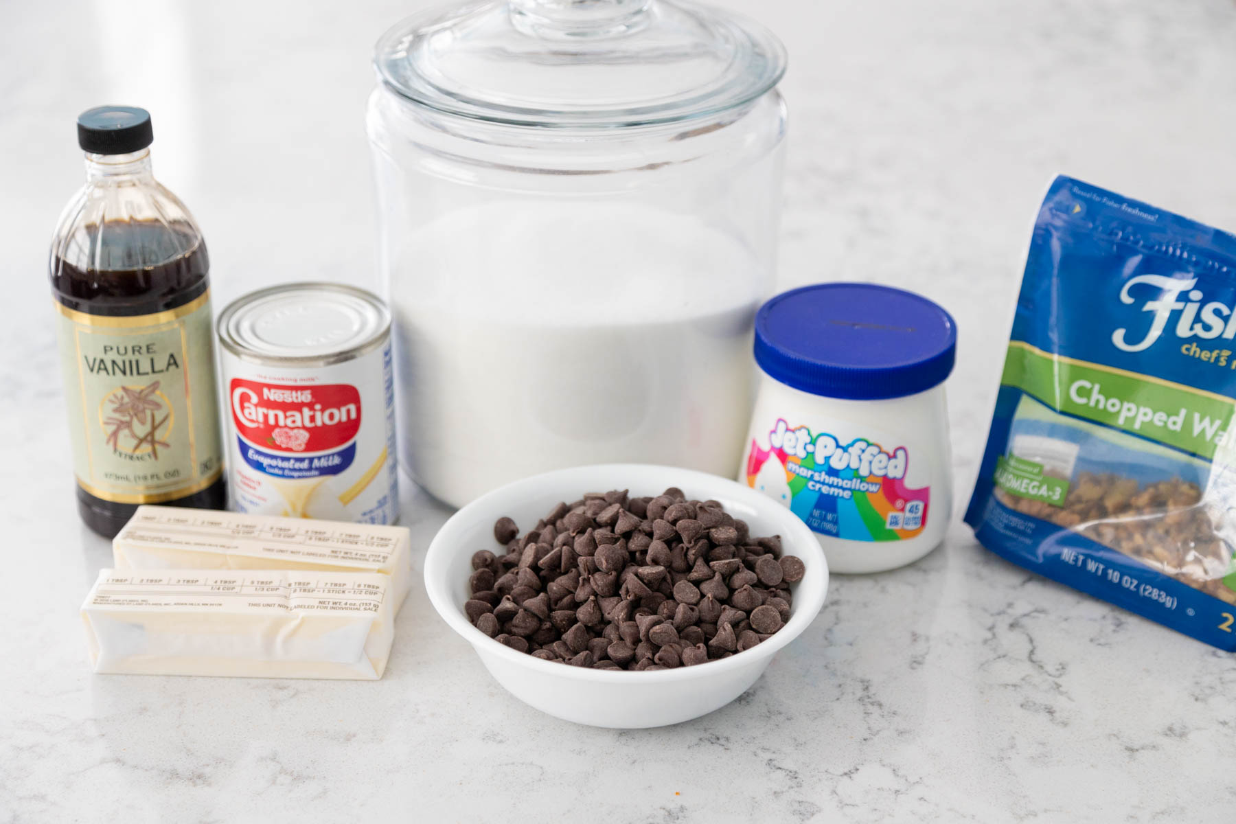 The ingredients to make the original fantasy fudge recipe are on the counter.
