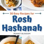 The photo collage shows 4 Rosh Hashanah recipes including apricot chicken, apple bars, matzo ball soup, and honey mustard salmon.