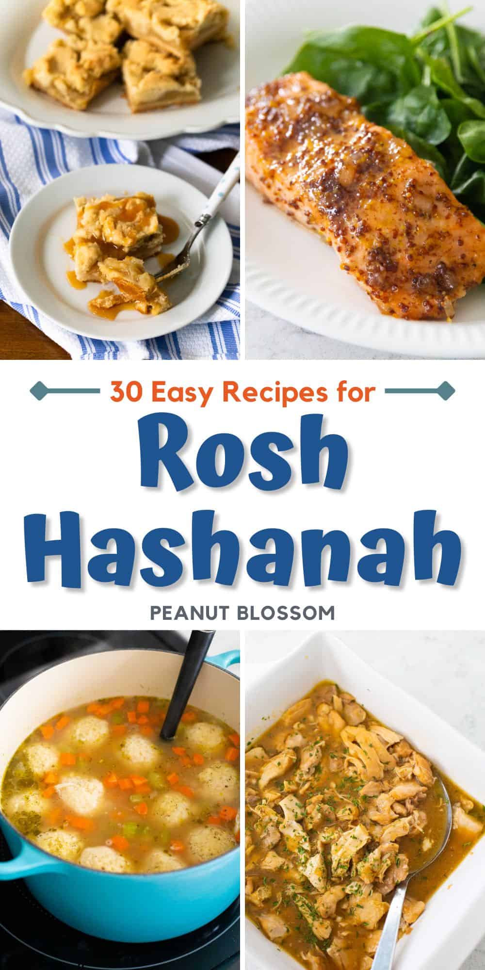 The photo collage shows 4 Rosh Hashanah recipes including apricot chicken, apple bars, matzo ball soup, and honey mustard salmon.