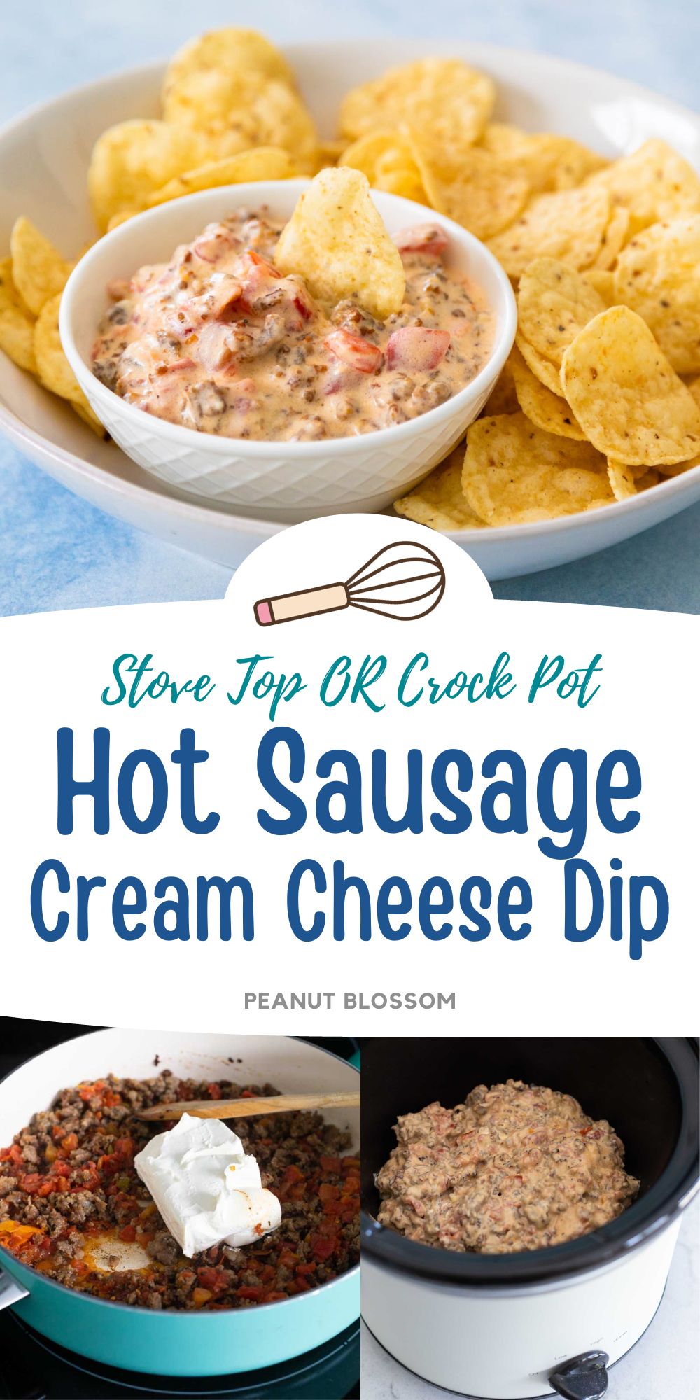 The photo collage shows the sausage dip being served with tortilla chips next to a photo of it being cooked on the stove top and a photo of it being kept warm in a crockpot.