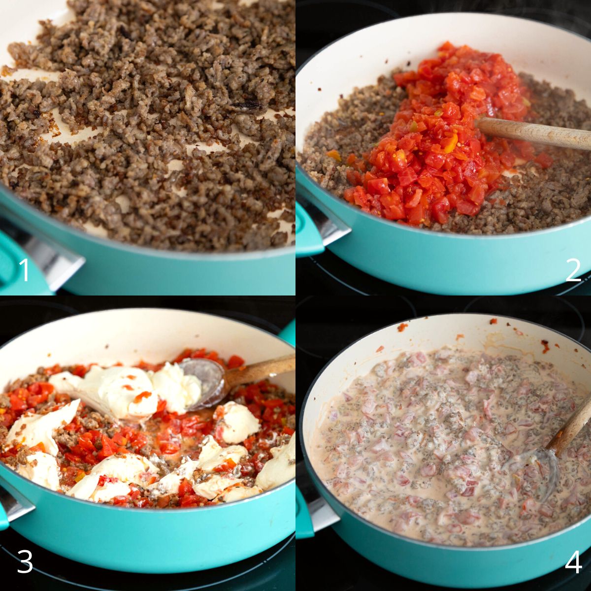 The step by step photos show how to brown the sausage and add the Rotel and cream cheese.