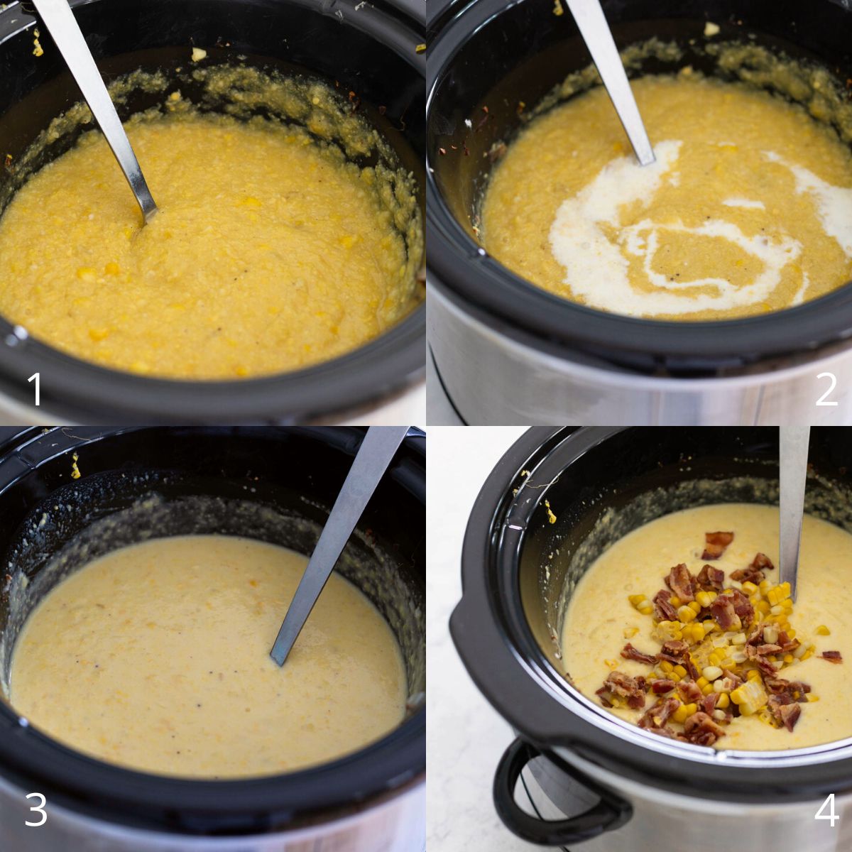 The step by step photos show how to puree the chowder and add the cream.