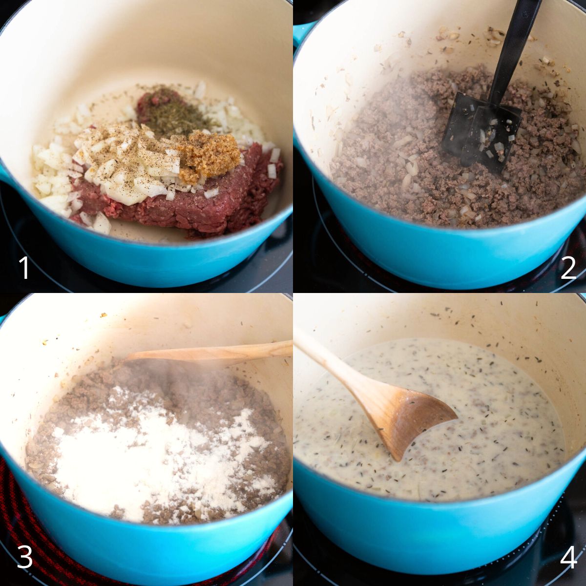 The step by step photos show how to assemble the ground beef filling in a blue Dutch oven.