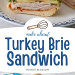 The photo collage shows the turkey brie sandwich cut in half on a plate next to the photo of all the ingredients needed to make it.
