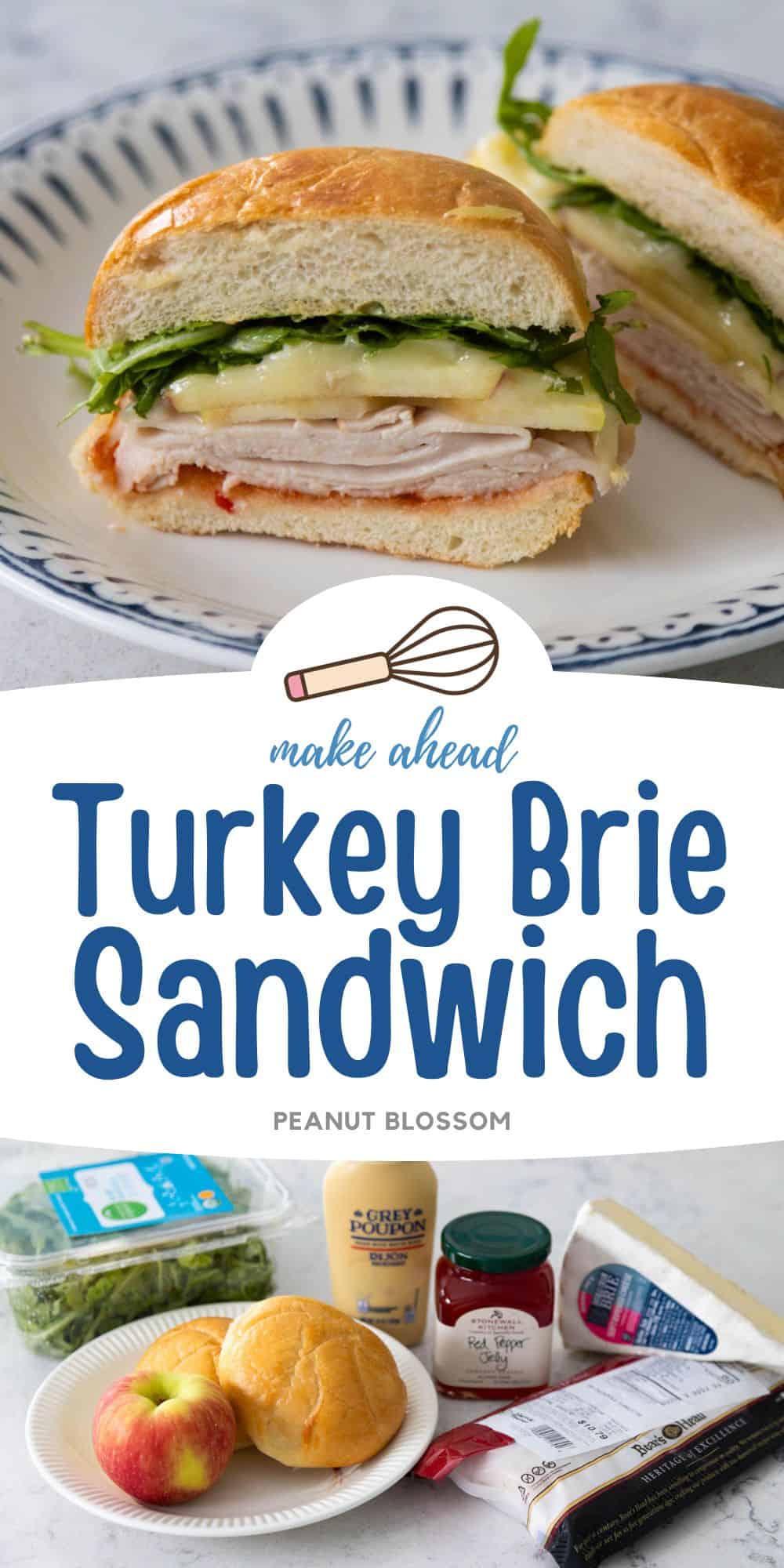 The photo collage shows the turkey brie sandwich cut in half on a plate next to the photo of all the ingredients needed to make it.