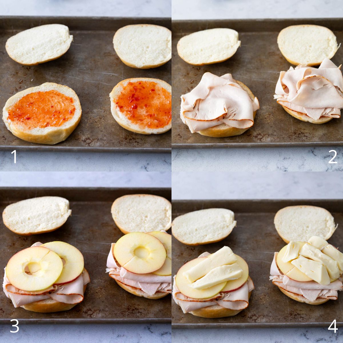 The step by step photos show how to layer the sandwich fillings before baking.